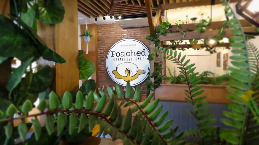 Shot of the poached breakfast cafe sign through some foliage at the best cute coffee shop in Chalong: Poached Breakfast Cafe, Chalong, Phuket, Thailand