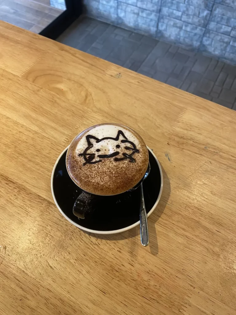 Cat on a mocha at the best place to start sightseeing in Chalong: Poached Breakfast Cafe, Chalong, Phuket, Thailand