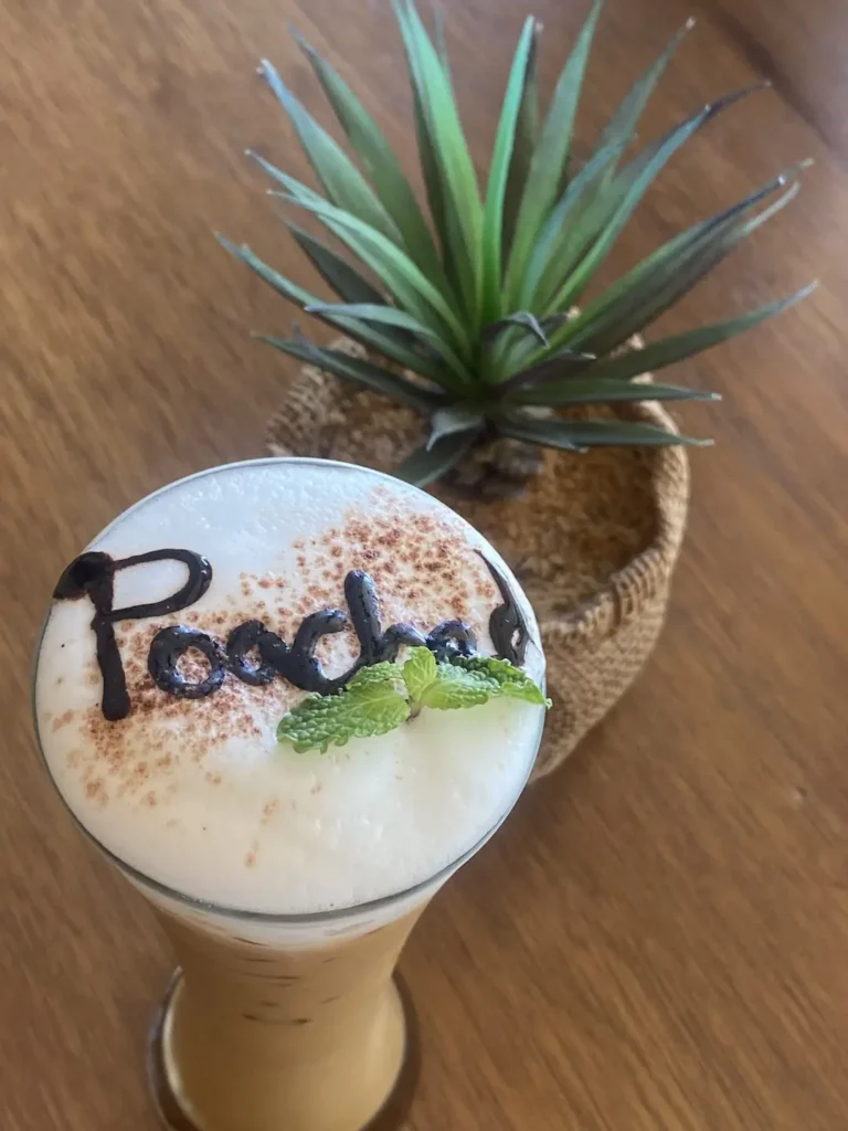 Our delicious after eight iced cappuccino with a plant in the background. Pairs perfectly well with the best bagel in Chalong, only found at Poached Breakfast Cafe, Chalong, Phuket, Thailand