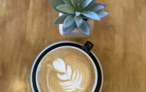 Yummy latte with beautiful latte art next to a cactus at the best spot for an American breakfast in Chalong: Poached Breakfast Cafe, Chalong, Phuket, Thailand