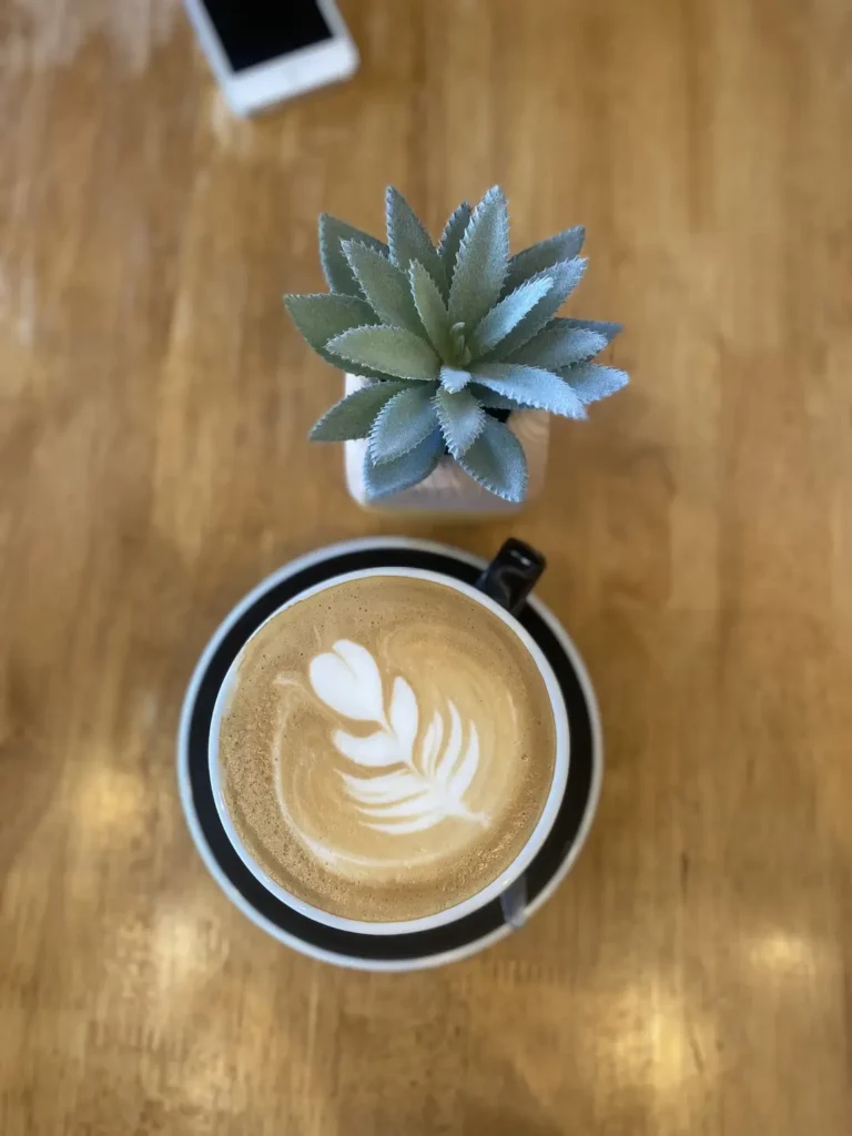 Yummy latte with beautiful latte art next to a cactus at the best spot for an American breakfast in Chalong: Poached Breakfast Cafe, Chalong, Phuket, Thailand