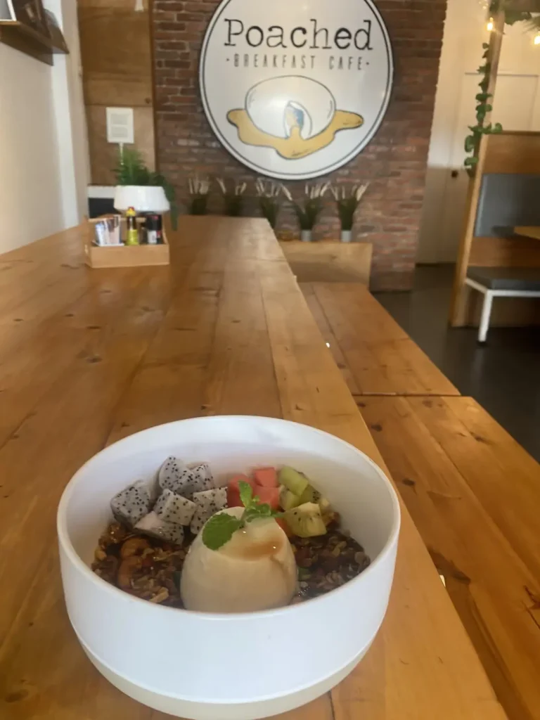 Breakfast panna cotta with nuts is a great alternative if you're not in the mood for sourdough in Chalong. Only at Poached Breakfast Cafe, Chalong, Phuket, Thailand