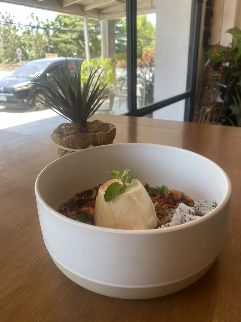 If you're not feeling like an avocado breakfast in Chalong, try this dish of vanilla panna cotta with our homemade granola and fresh seasonal fruit. Only at Poached Breakfast Cafe, Chalong, Phuket, Thailand