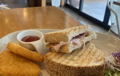 Toasted sandwich with the best hash browns in Nai Harn. Only at Poached Breakfast Cafe, Rawai, Phuket, Thailand