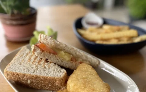 Toasted ham, cheese and tomato sandwich with hash browns and fries on the side. Add some avo for a delicious avocado breakfast in Chalong. Only at Poached Breakfast Cafe, Chalong, Phuket, Thailand