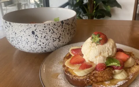 French toast with strawberries, banana and ice cream at one of the best indoor activities in Phuket: at Poached Breakfast Cafe , Chalong, Phuket, Thailand