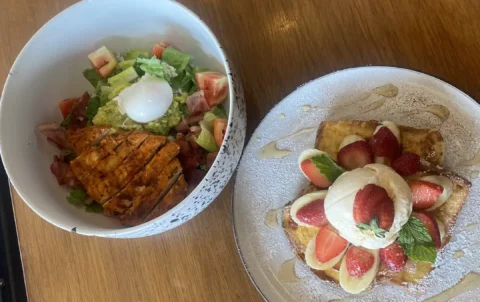 Cobb salad and french toast with strawberries, bananas and ice cream at the best place to fuel up before a day at one of the waterparks in Phuket - Poached Breakfast Cafe, Chalong, Phuket, Thailand