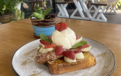 French toast with strawberries, ice cream and banana at the place to fuel up before taking part in any water activities in Phuket - Poached Breakfast Cafe, Chalong, Phuket, Thailand