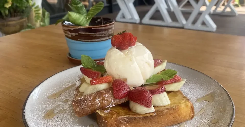 French toast with strawberries, ice cream and banana at the place to fuel up before taking part in any water activities in Phuket - Poached Breakfast Cafe, Chalong, Phuket, Thailand